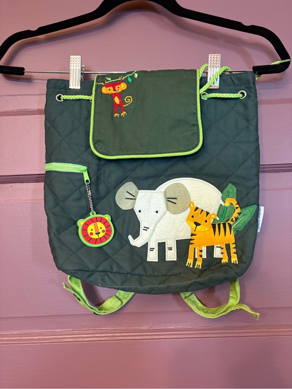 NWOT Stephen Joseph Kids Green Quilted w/Animal appliqué Backpack